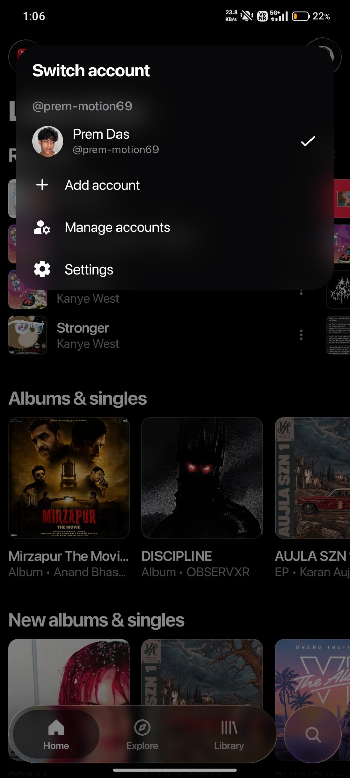 Podium Air app showing the Listen Now screen and account controls